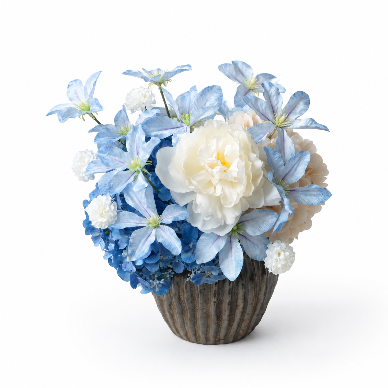 Blue and cream artificial flower arrangement in a ceramic vase